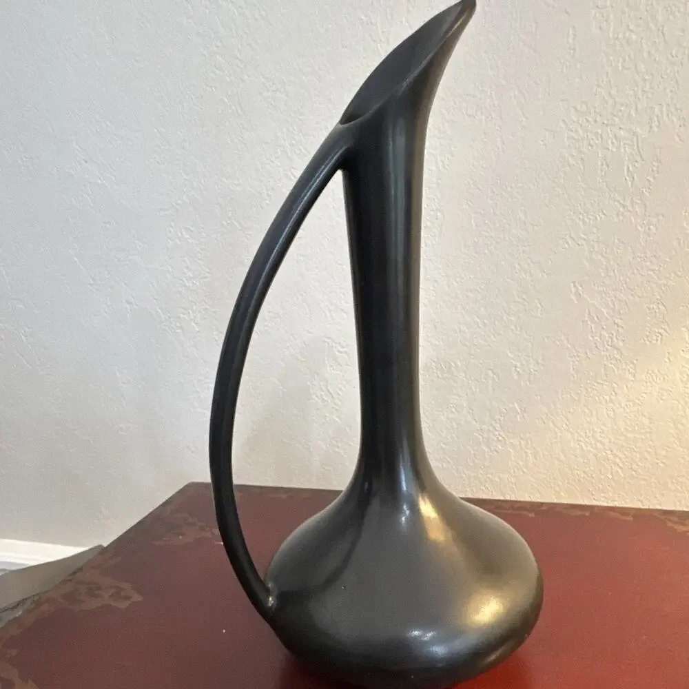 Vintage Mid-Century Van Briggle Art Pottery Ewer Vase - Satin Raven Black Glaze.